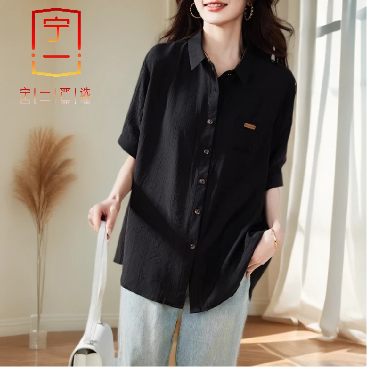 【宁一女装】黑色纯棉女衬衫短袖新款设计感衬衣宽松中长款遮肉上衣