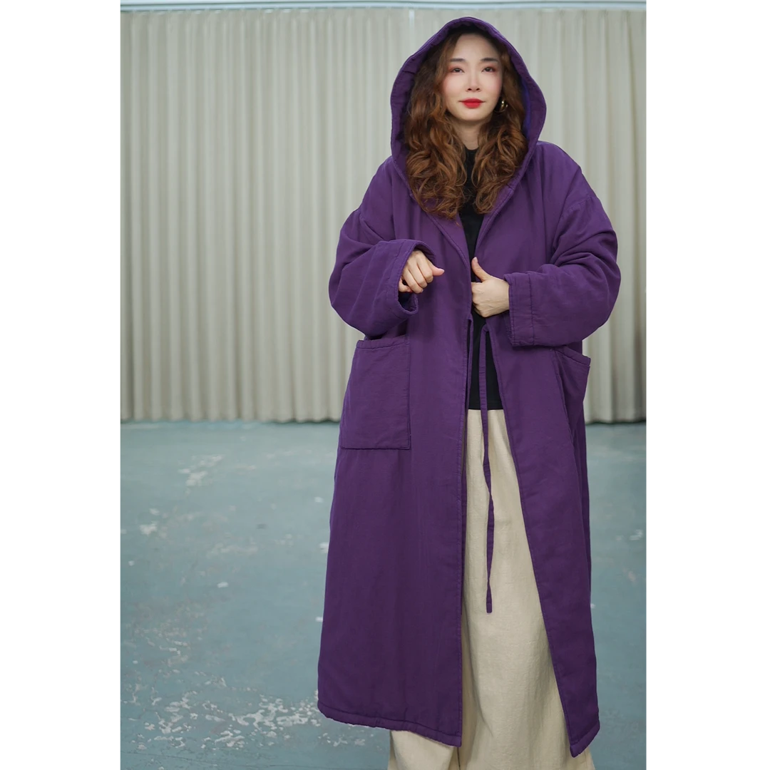 花璟与麻原创设计款纯色系带连帽夹棉外套（衣长115胸围142)
