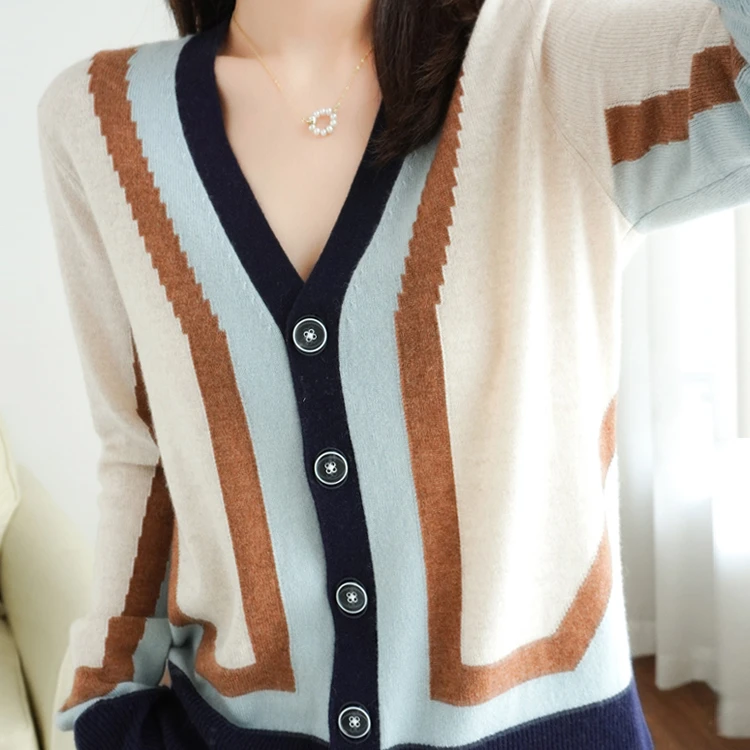 撞色针织开衫上衣条纹拼色女装气质长袖V领时尚百搭宽松A310
