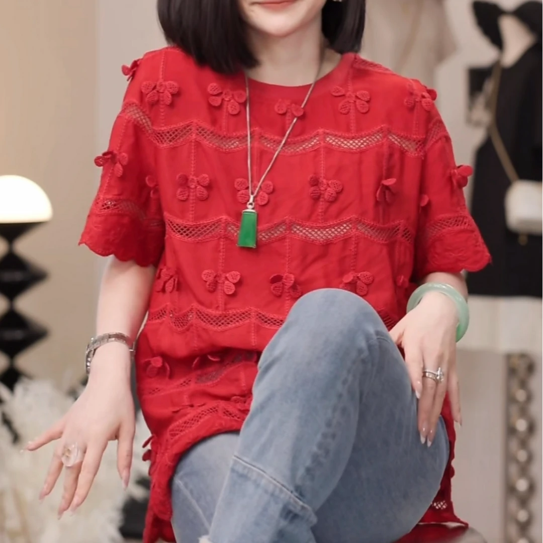 韩系镂空立体花朵短袖T恤女2025夏季新款高级感宽松显瘦洋气上衣