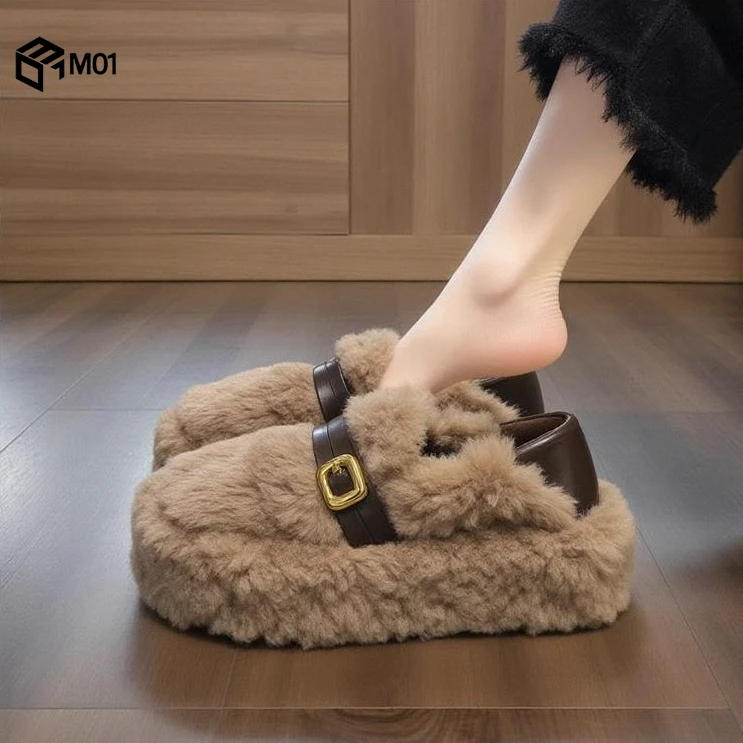 M01两穿毛毛鞋女2025年新款春秋季厚底皮带扣加绒保暖一脚蹬棉鞋