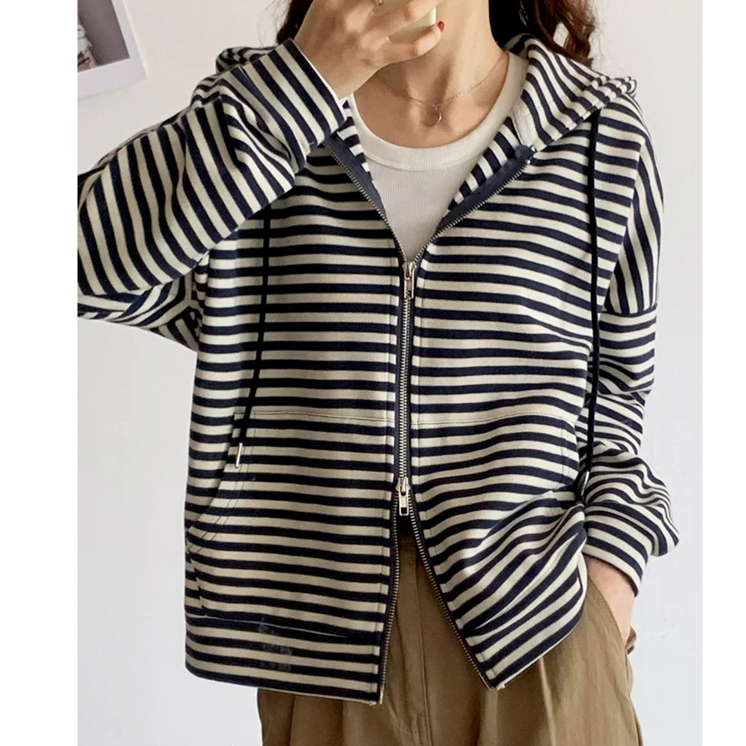 设计感拉链撞色条纹连帽卫衣女春季2025新款休闲修身长袖开衫上衣