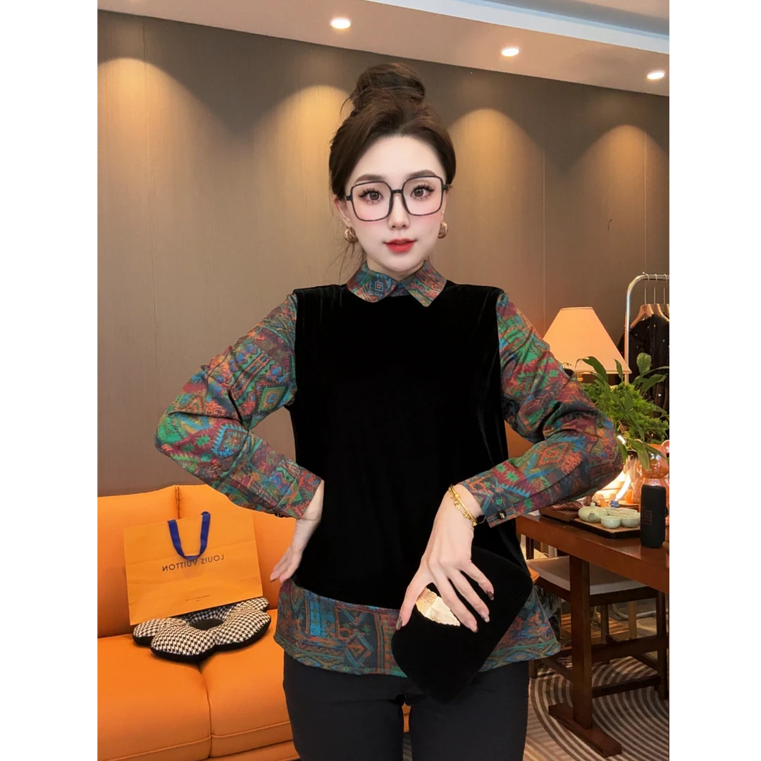 【DT】设计感复古印花拼接丝绒修身显瘦翻领衬衫假两件内搭1719-2