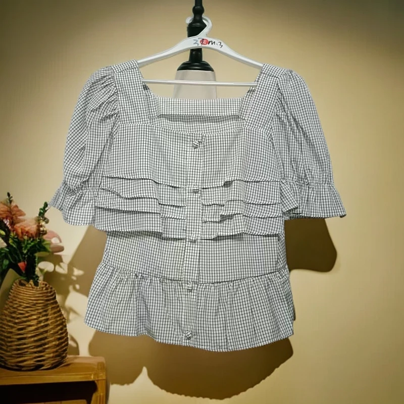 夏季方领格子上衣S356