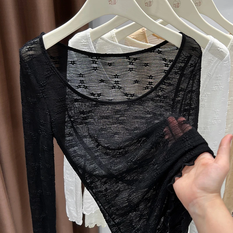 黑色薄款叠穿蕾丝打底衫可外穿下摆花边修身显瘦提花低胸上衣性感