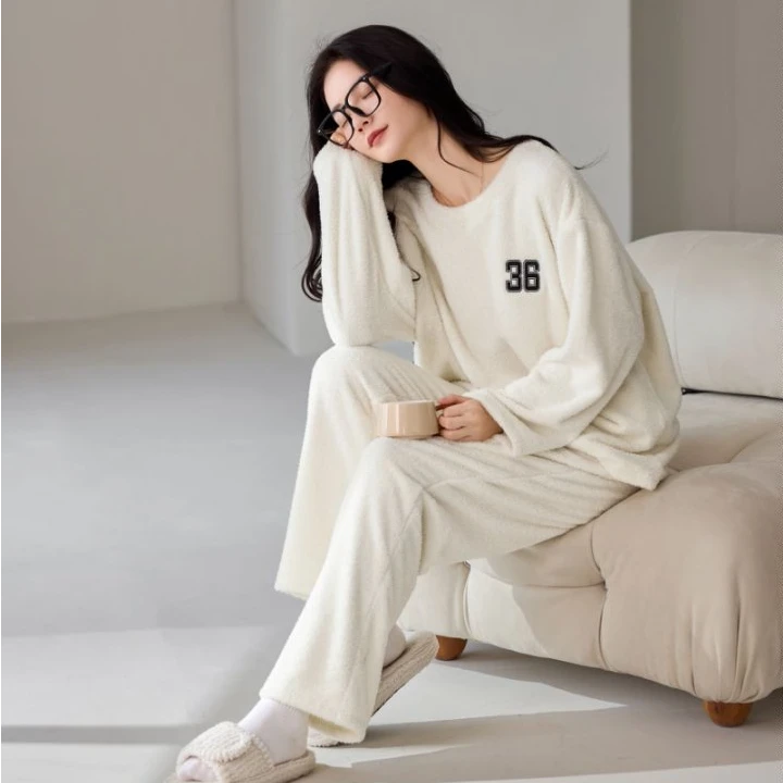 秋冬季韩版半边绒睡衣女2025新款保暖冬天简约休闲加厚家居服