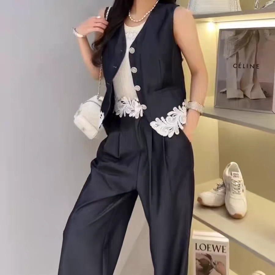 88015欧洲站拼接白色花边马甲长裤套装