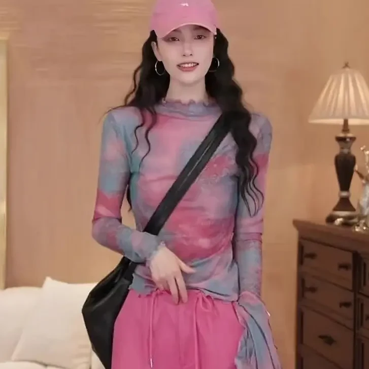 时尚扎染T恤女士2025春秋新款木耳边防晒打底衫修身百搭洋气上衣