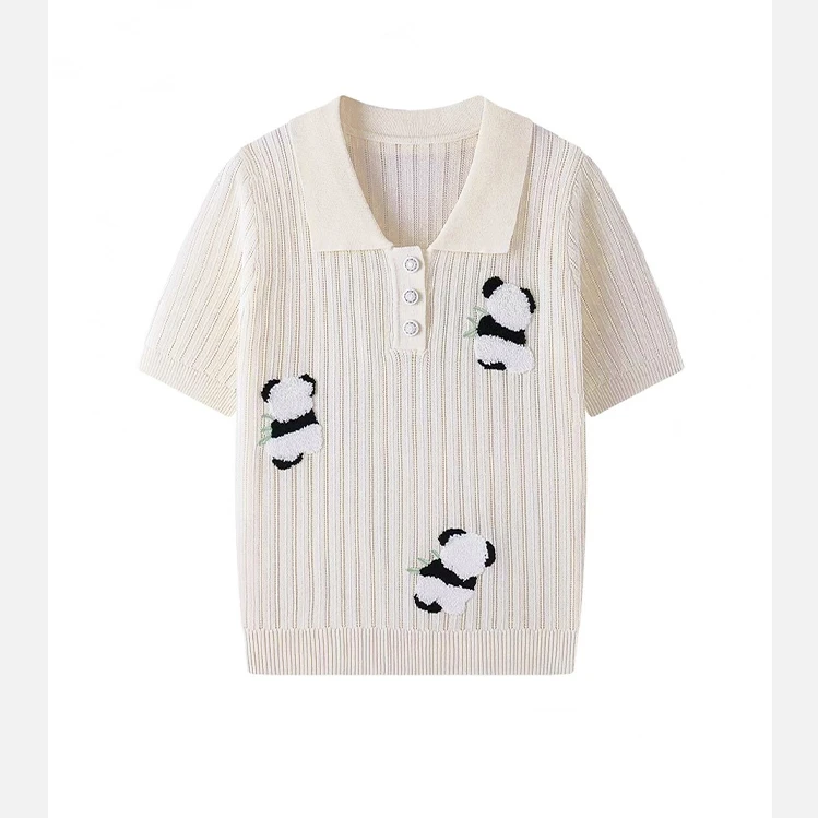 【艺紋熊猫】时髦减龄熊猫竖条镂空肌理polo翻领针织衫.Y891