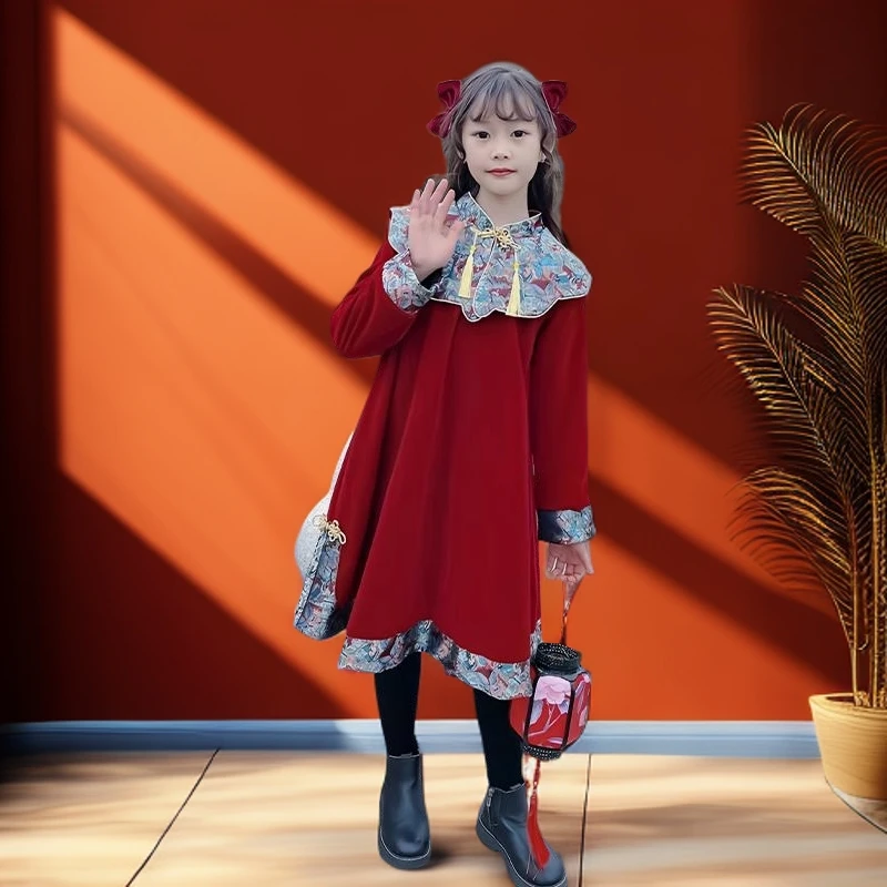 女童红色新年连衣裙冬装2025新款洋气儿童国风裙子女孩加绒拜年服