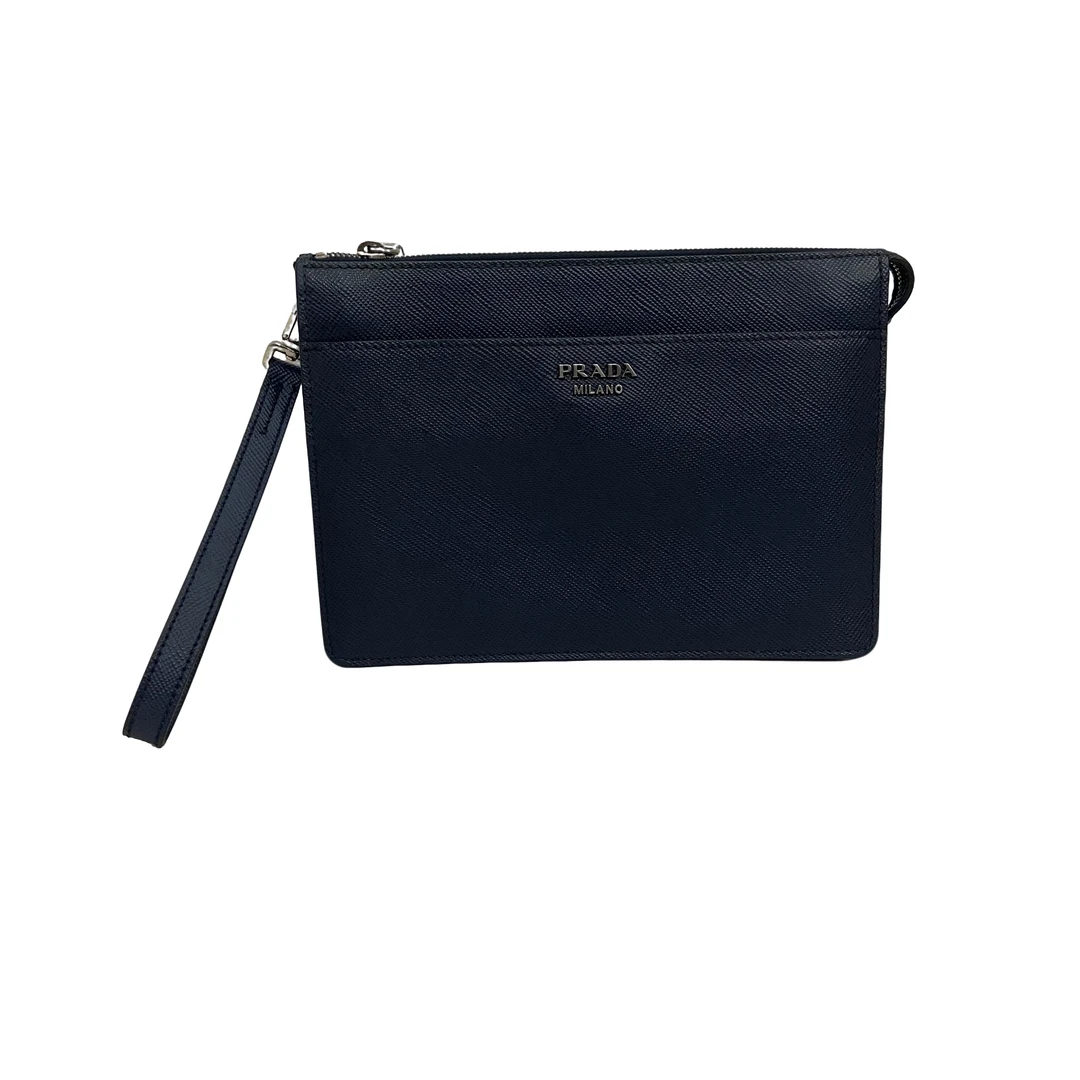 95新 Prada/普拉达 男士休闲时尚百搭全皮十字纹藏蓝色手拿包/82