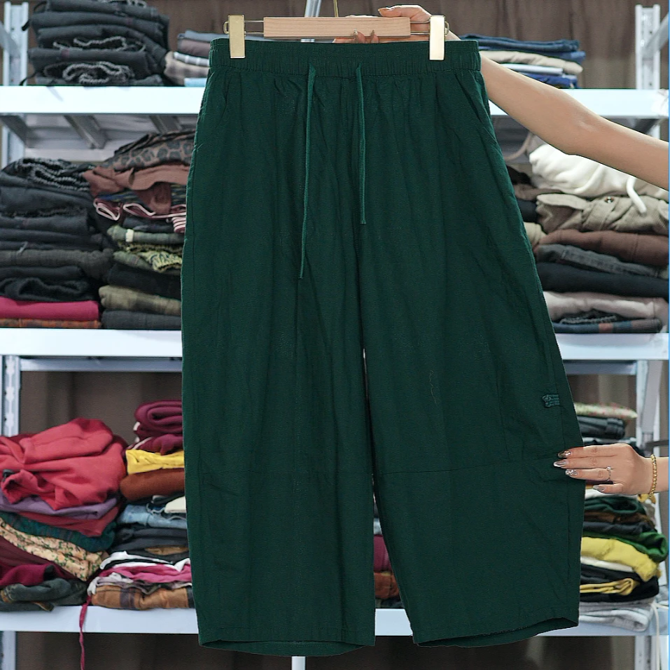 Q5026拼接直筒裤薄款松紧休闲裤中式文艺中国风宽松盘扣