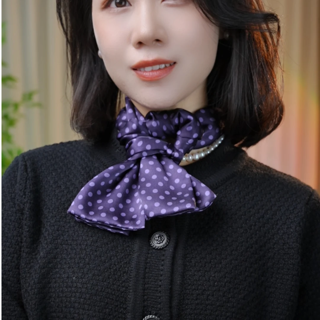 紫色波点约16*150cm真丝100%桑蚕丝印花丝巾女送礼高档围巾飘带