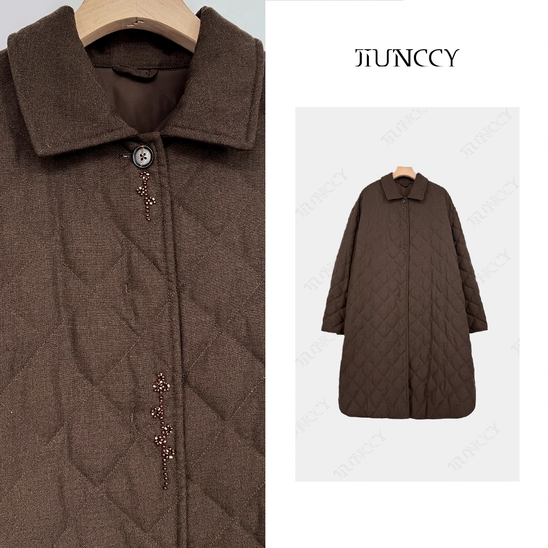 JIUNCCY【长安】90白鹅绒桑蚕丝羊毛混纺菱格长款羽绒服 52YYRF033