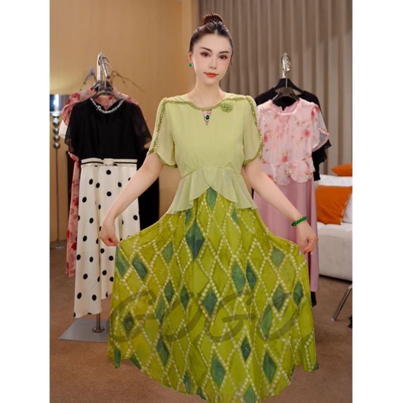 G6530绿色气质连衣裙夏女2025新款法式假两件裙子女夏季