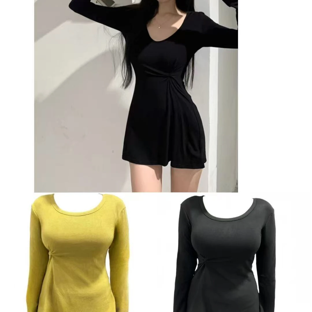 PWW~新款多色大码抽褶斜禁女装收腰长袖火柴人打底上衣