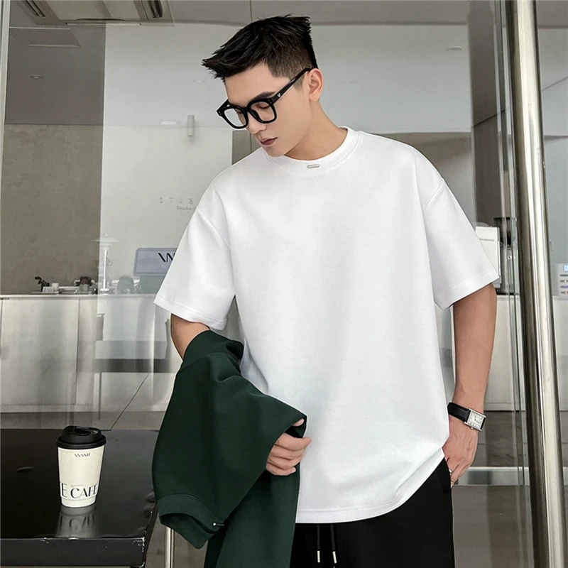 2025夏季新款男士帅气短袖落肩款打底衫T恤圆领纯色百搭半袖T恤潮