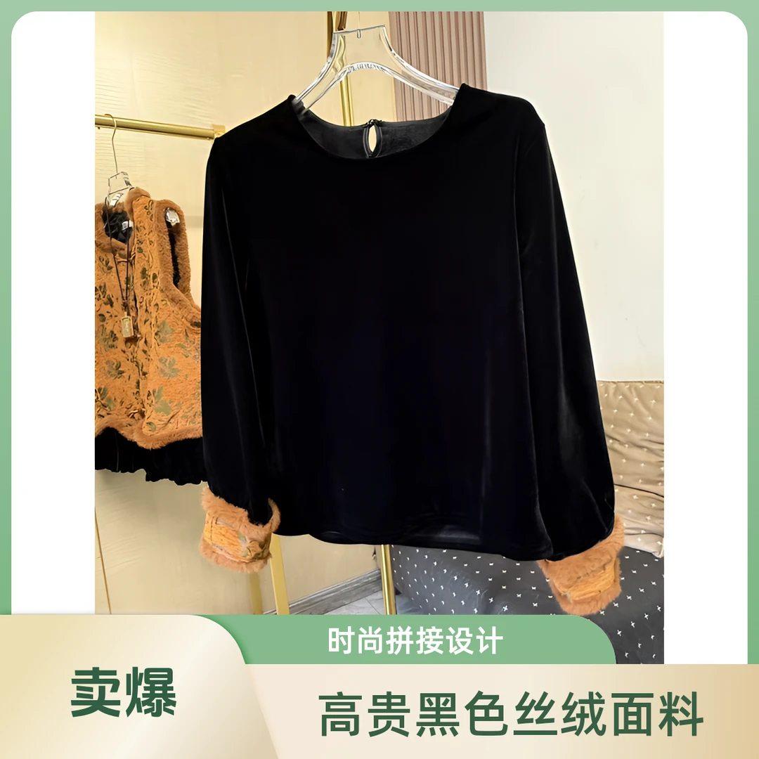 厚款圆领上衣黑色大码新中式气质长袖秋冬季节常规秋季