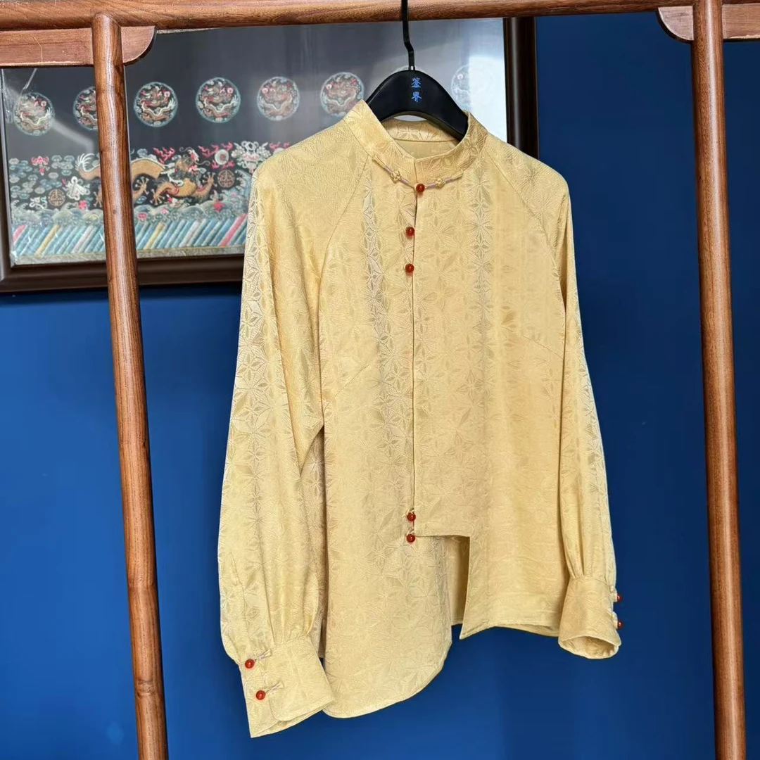 上海鉴界传统中国风衬衫织梦生花桑蚕丝提花国风新中式衬衫