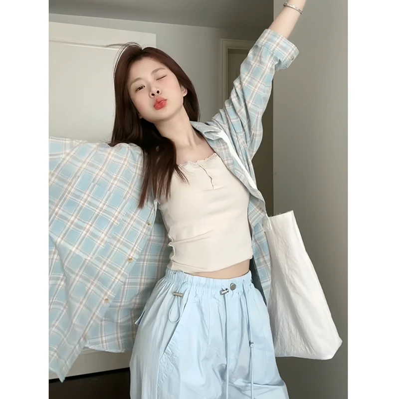 韩系蓝色格子衬衫女春秋2025新款设计感小众衬衣宽松气质外套上衣