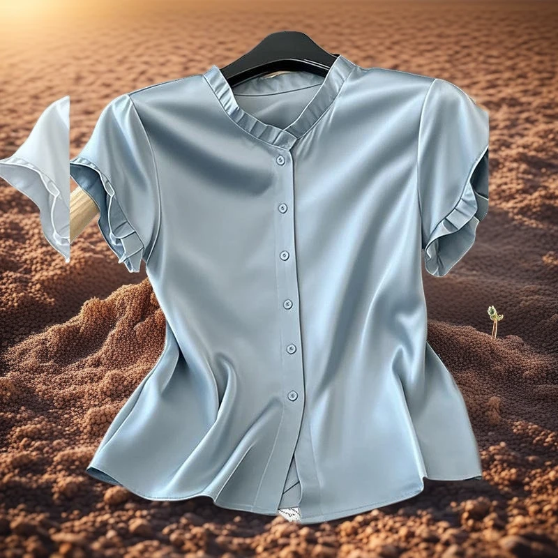 新款夏季独特魅力蓝色短袖上衣流行超赞百搭女性T恤醋酸衬衫薄款