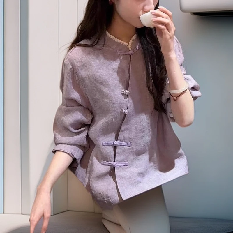 新中式轻国风香芋紫盘扣立领衬衫高级小众不撞款上衣2025春季