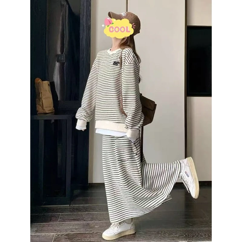 大码ootd韩系穿搭条纹卫衣秋季休闲慵懒风两件套2082#