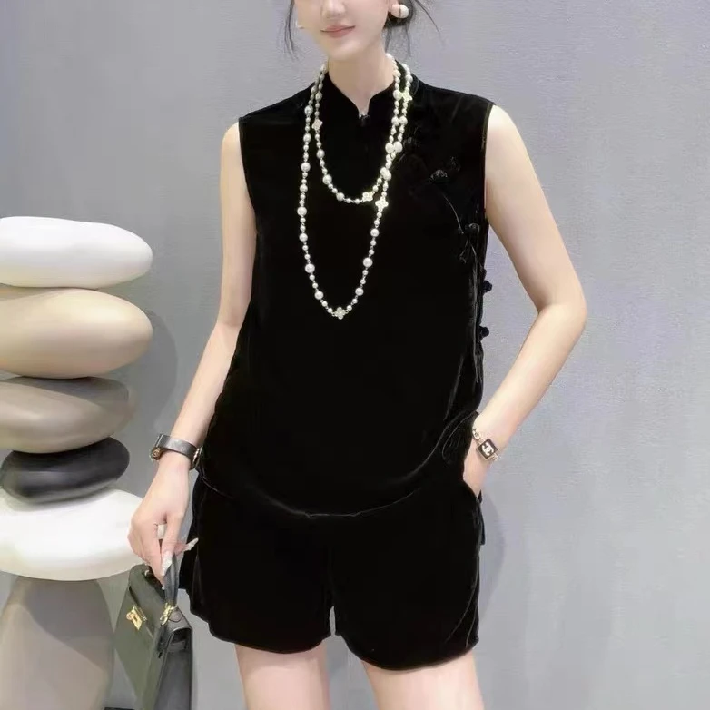 时尚百搭国风新中式显瘦旗袍立领纯色高级感减龄马甲+短裤套装女