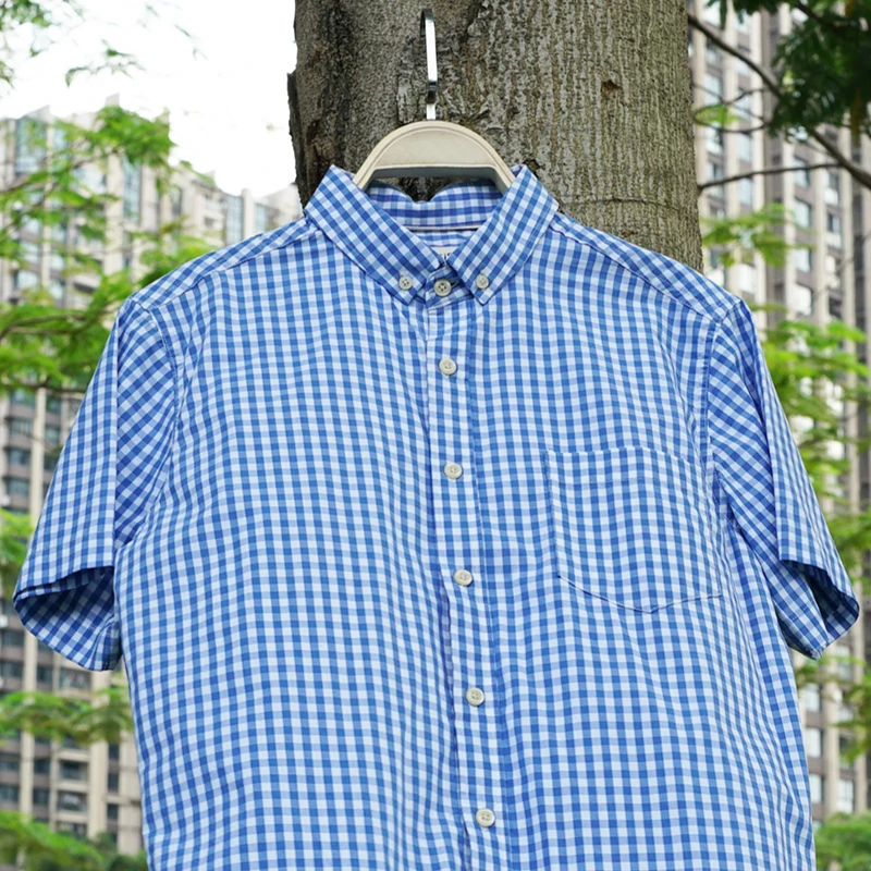 巴司司衬衫浅蓝大格衬衫短袖纯棉百搭休闲半袖衬衣翻领经典825