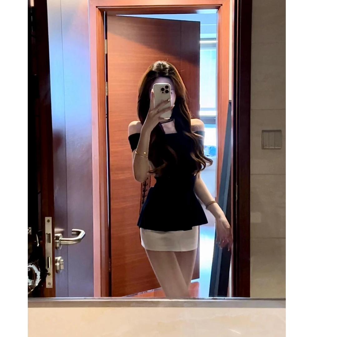 纯欲御姐一字肩针织衫女弹力高腰半身裙女性感短裙包臀裙子两件套