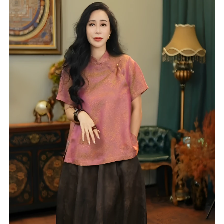 「利琪高订」青山远黛国风新中式气质轻奢百搭宋锦衬衫上衣A6179