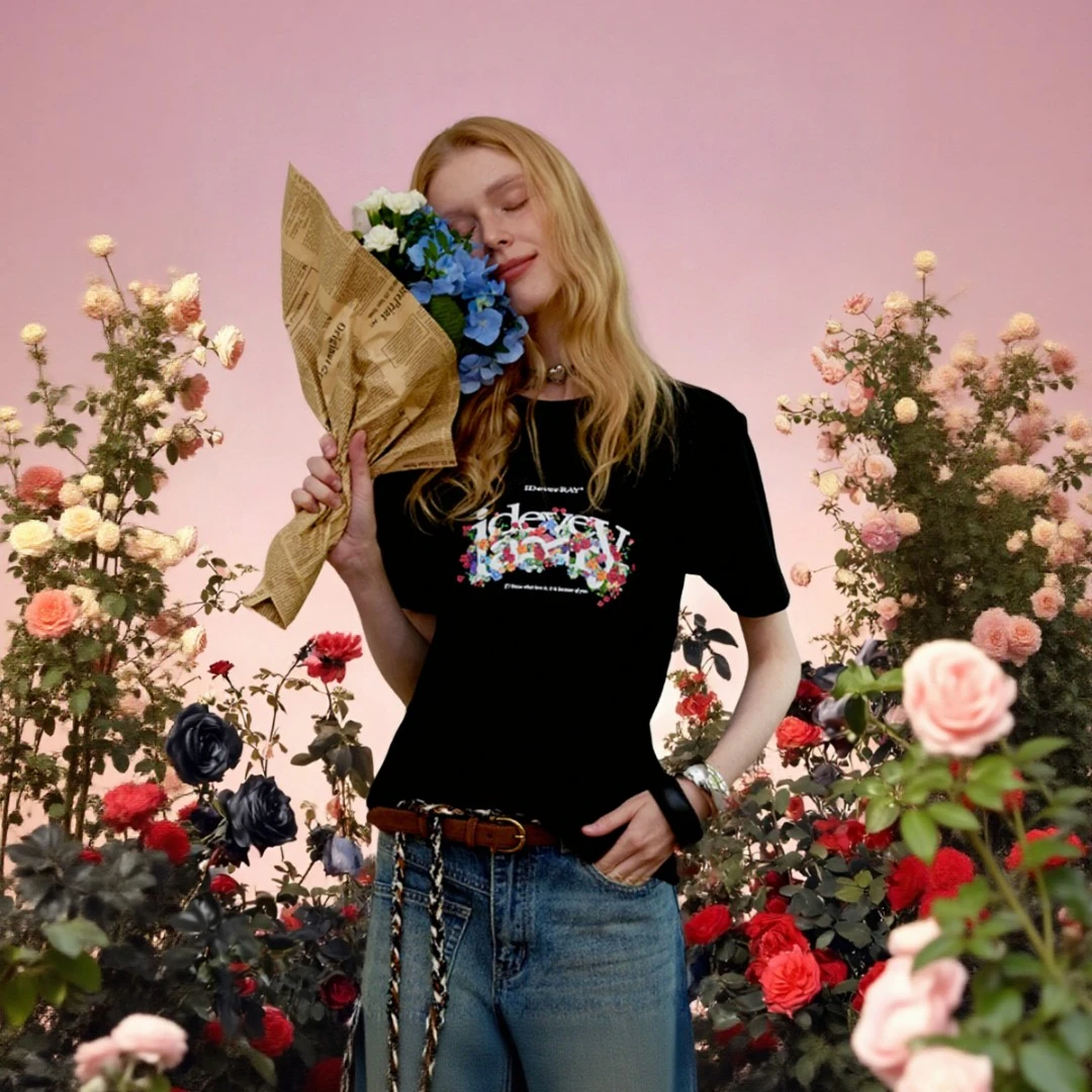 IDEVERRAY新款情侣印花锦簇繁花圆领短袖T恤宽松纯棉