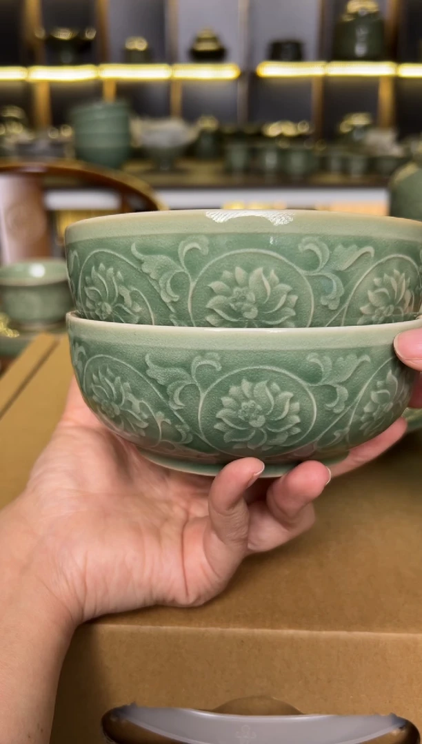 瓷片耀州窑青釉5寸缠枝莲纹米饭碗2只正品