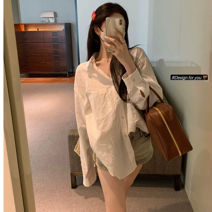 百搭舒适白色棉亚麻麻衬衫·24050