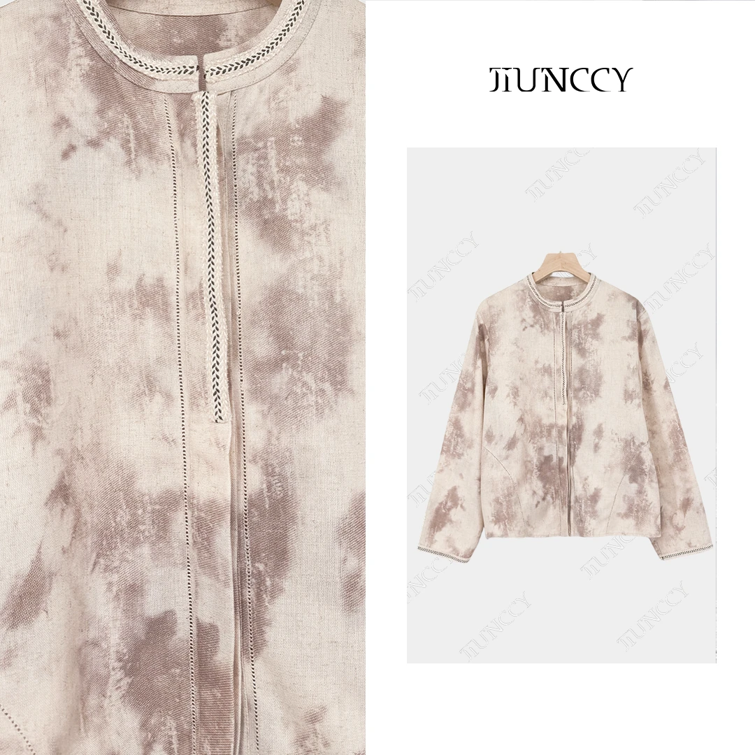 JIUNCCY【紫烟】亚麻混纺水墨晕染织带领隐形门襟衬衣外套 52YCY009