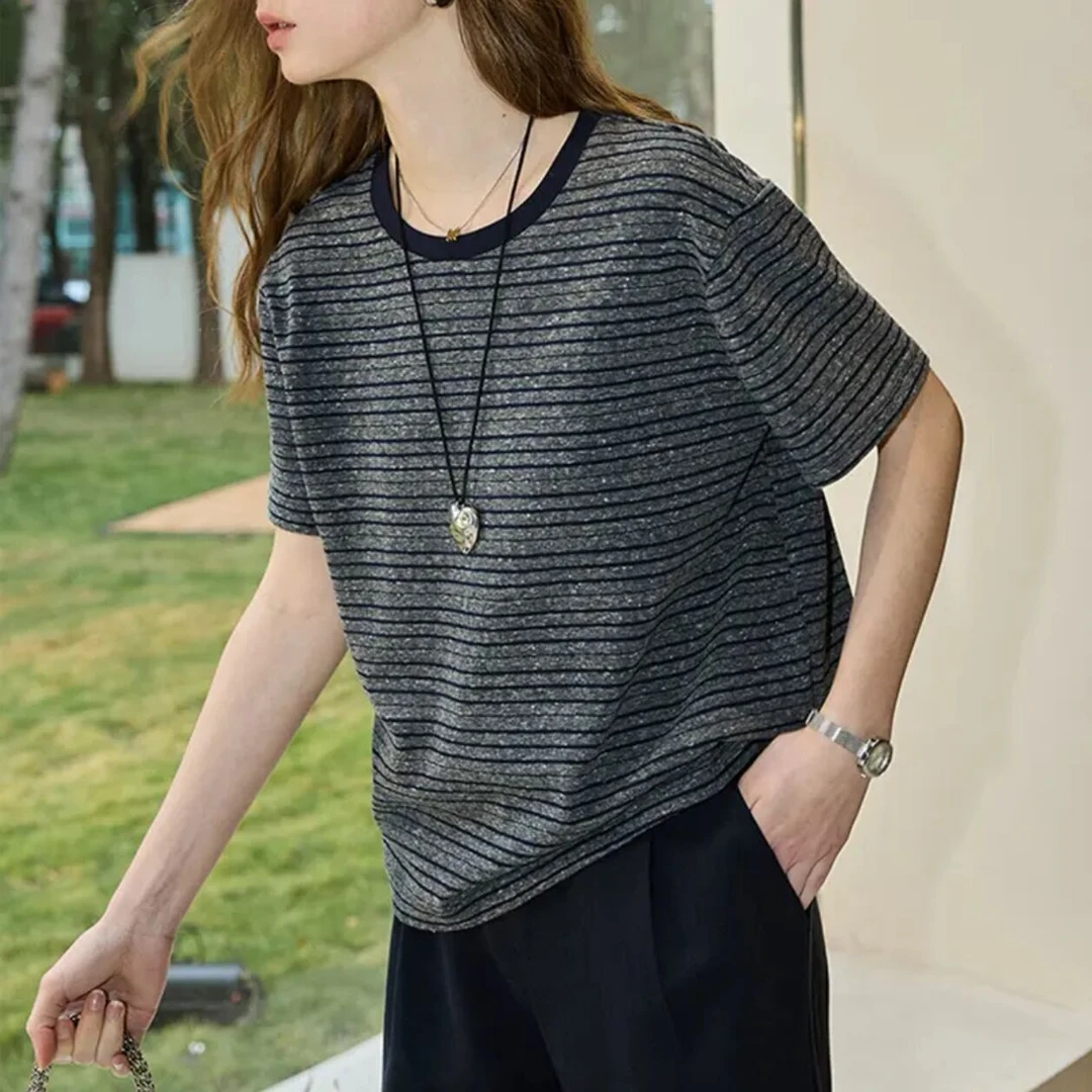 夏季休闲时尚圆领显瘦春夏简约条纹T恤女短袖薄款半袖韩版条纹