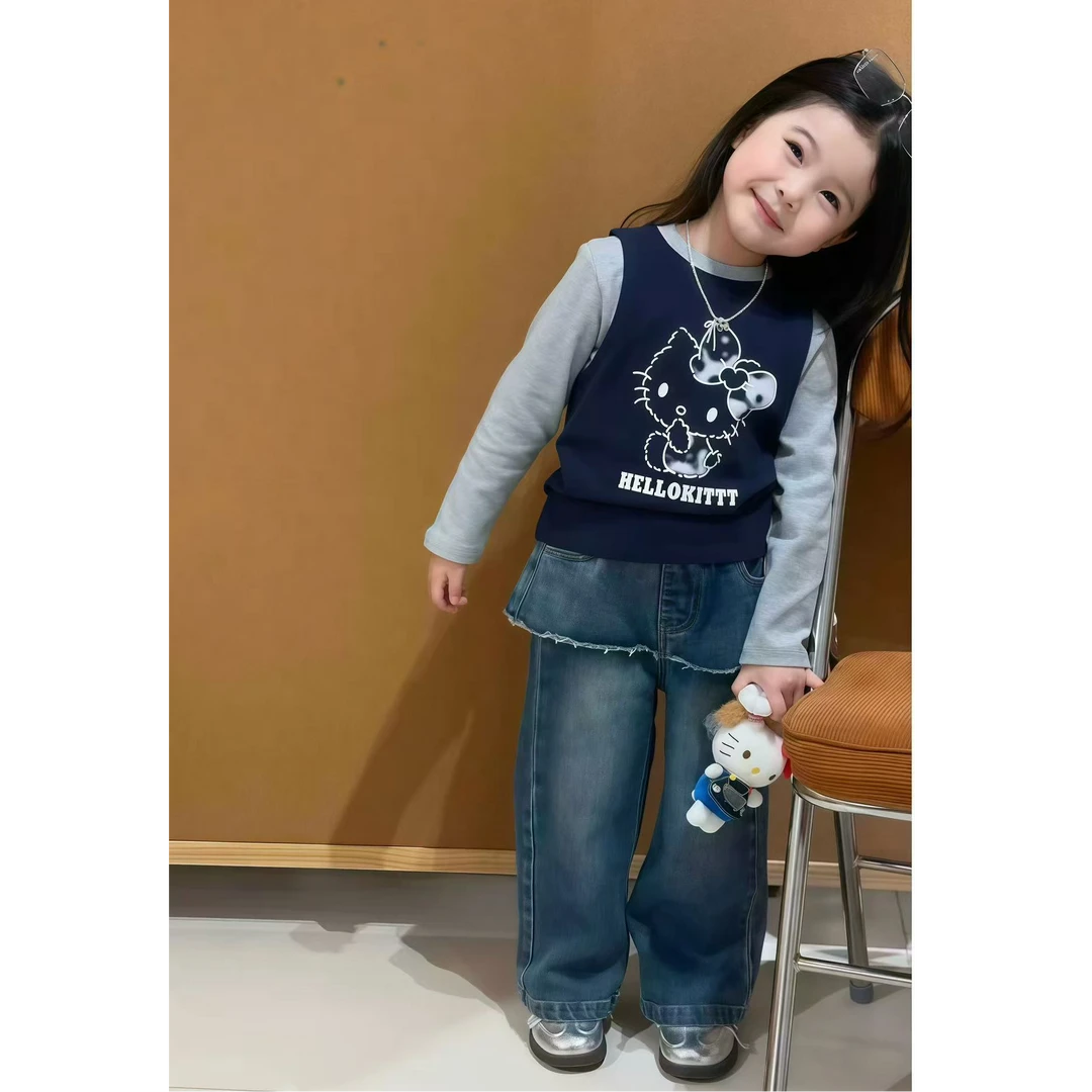 壹妈韩版童装女童秋季套装新款洋气小女孩可爱卡通长袖屁帘牛仔裤