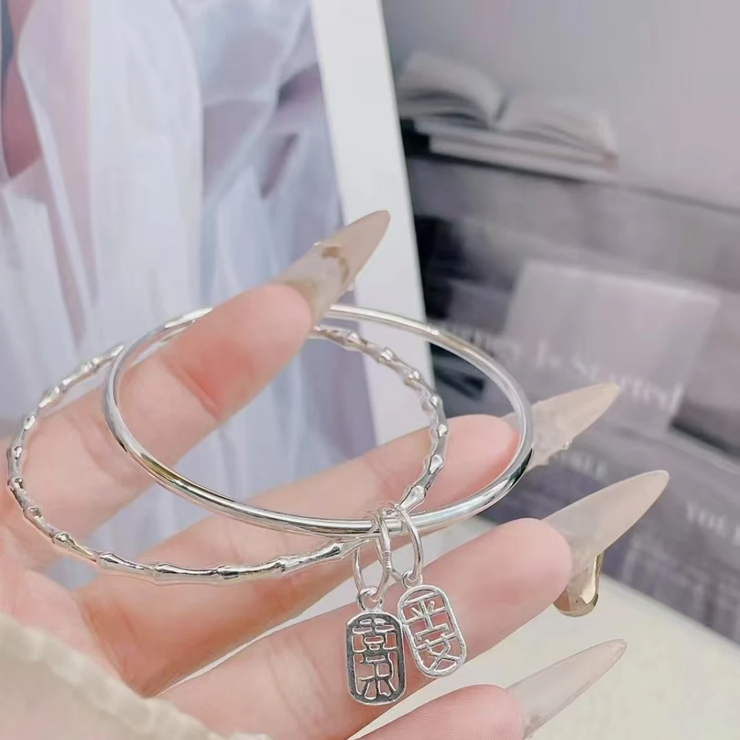 足银手镯 平安喜乐双圈闭口镯足银20克足银999.9