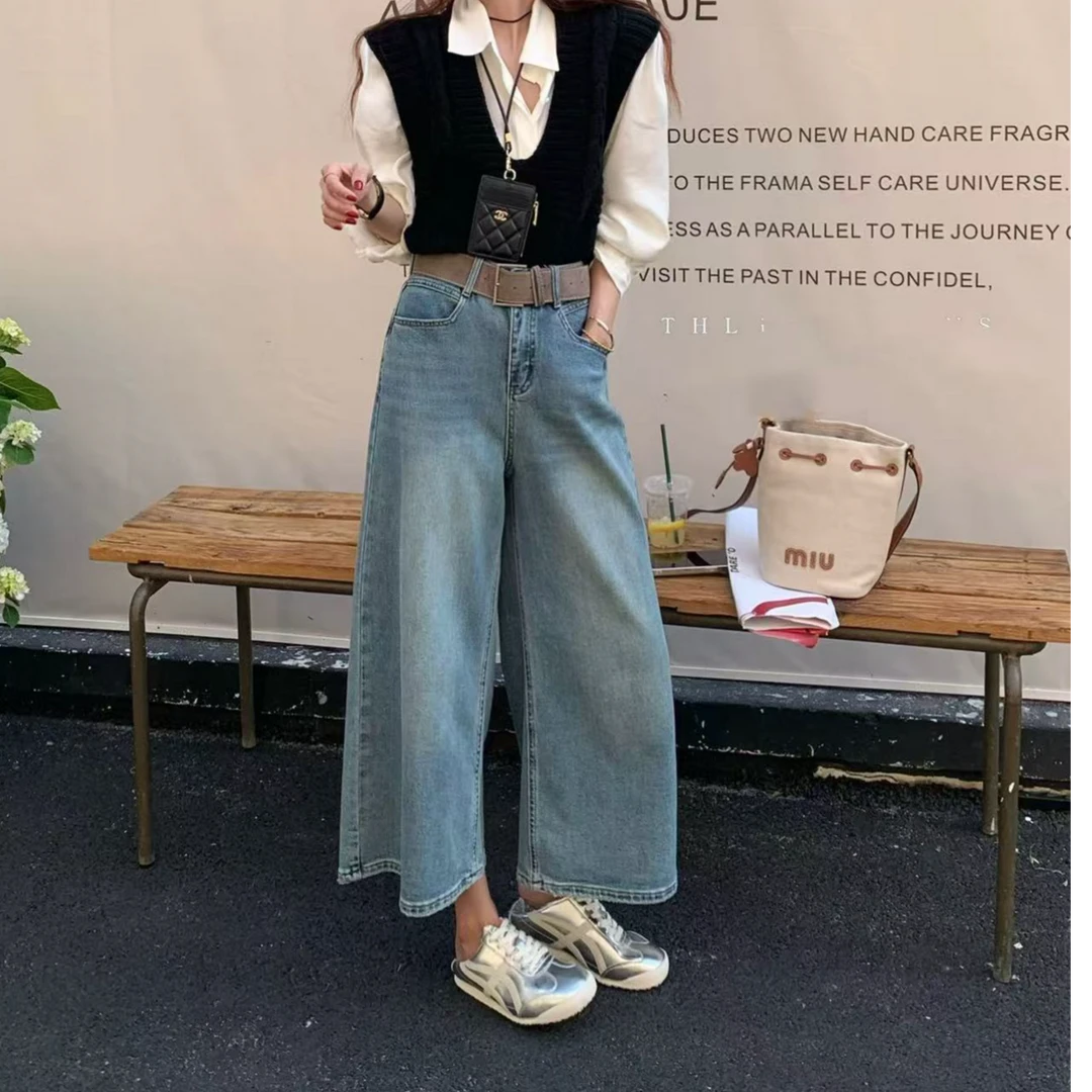 春夏季八分阔腿裤百搭宽松女装高腰牛仔裤-67933