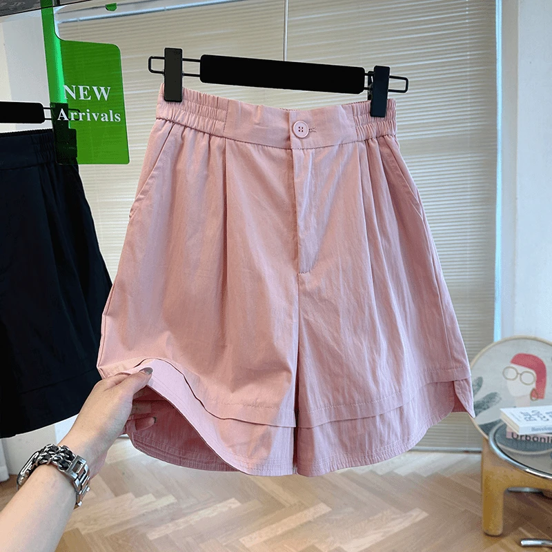 K0156夏季款高密度棉质高腰粉色休闲短裤女夏宽松显瘦a字版阔腿裤