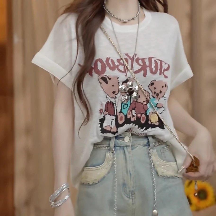 小熊字母印花百搭时尚短袖上衣女2025年夏季新款圆领套头显瘦t恤