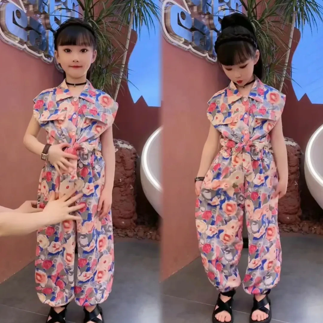 女童复古印花无袖衬衫套装夏季2025新款洋气儿童薄款休闲裤两件套