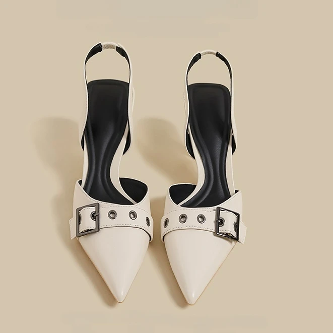 极简调调~一字带凉拖鞋女夏外穿防滑尖头高跟鞋细跟铆钉包头凉鞋