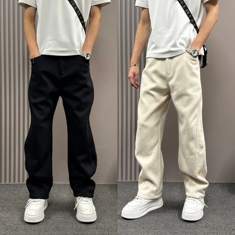 男士秋冬款宽松直筒百搭加绒加厚纯色阔腿裤高级感纯色肌理休闲裤