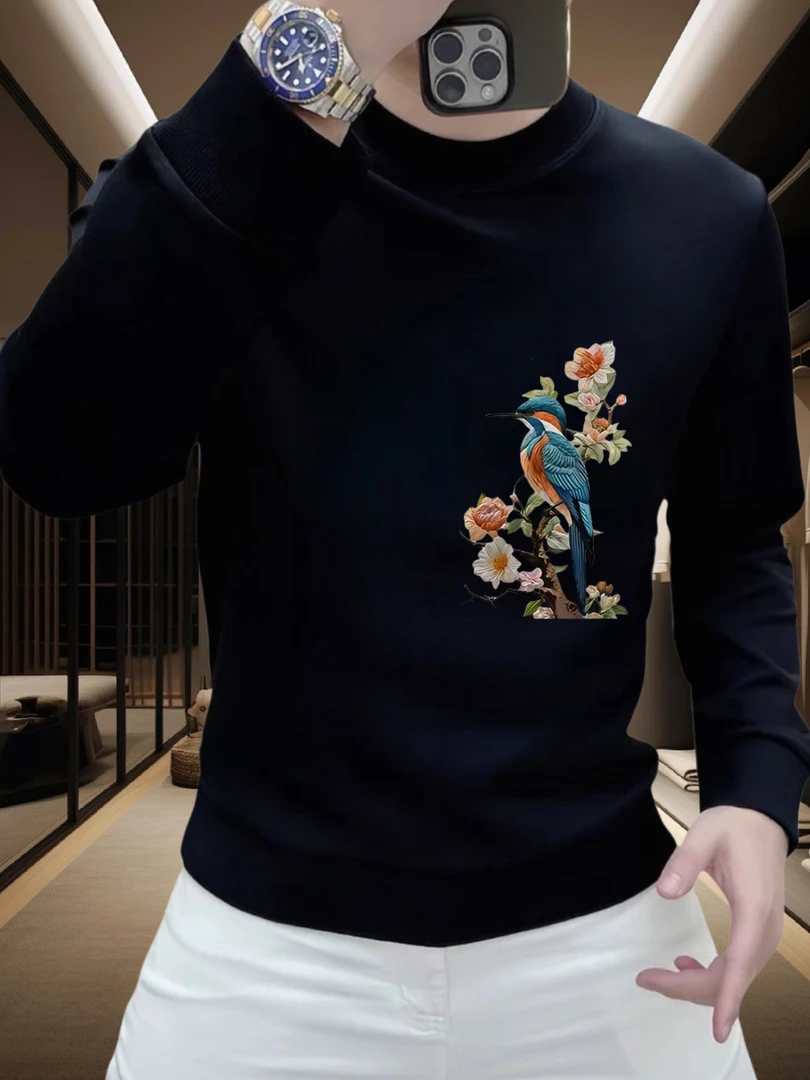 国潮重磅花鸟印花男士卫衣秋冬新款潮流创意图案宽松百搭圆领上衣