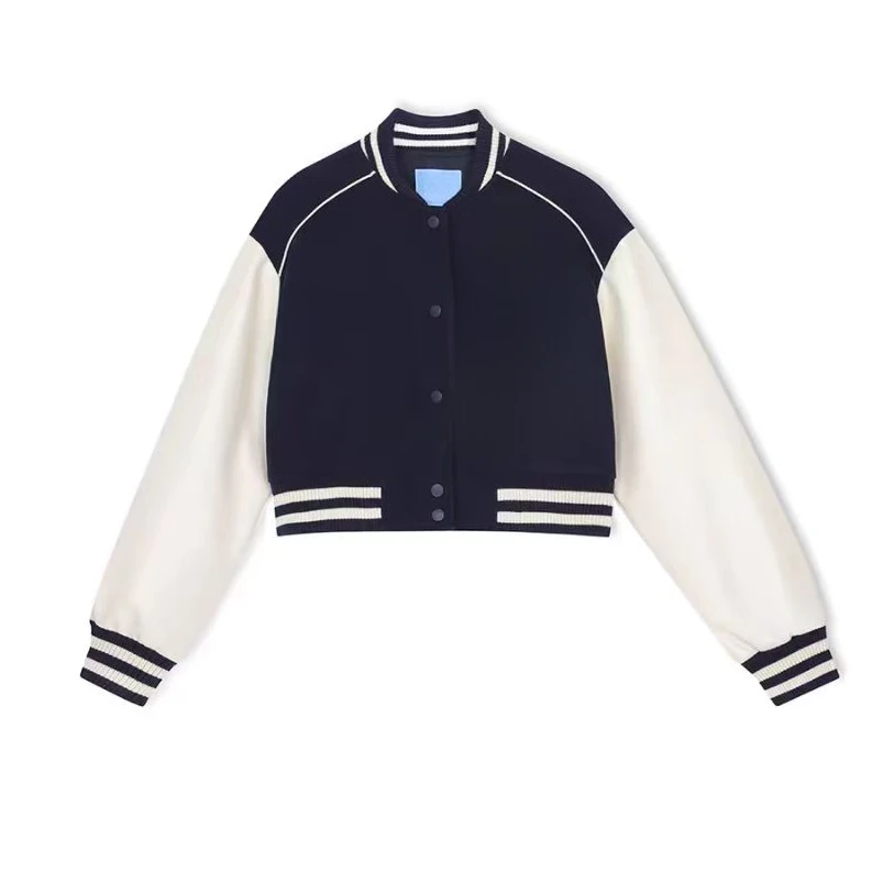 4032 男女同款，皮袖拼接胸前字母毛巾绣花复古美式棒球服