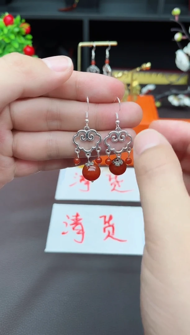 玛瑙/玉髓耳饰银S925镶嵌s001000