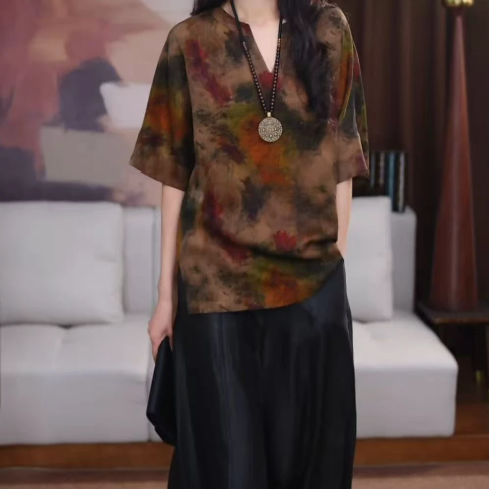 【岚姝】 香云纱新中式时尚复古显瘦夏季宽松国风花色短款上衣