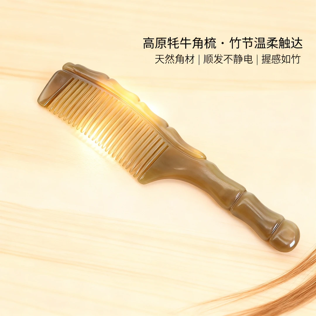 梳写时光耗牛角竹节梳牦按摩头皮官方正品牛角梳子王妃梳纯天然