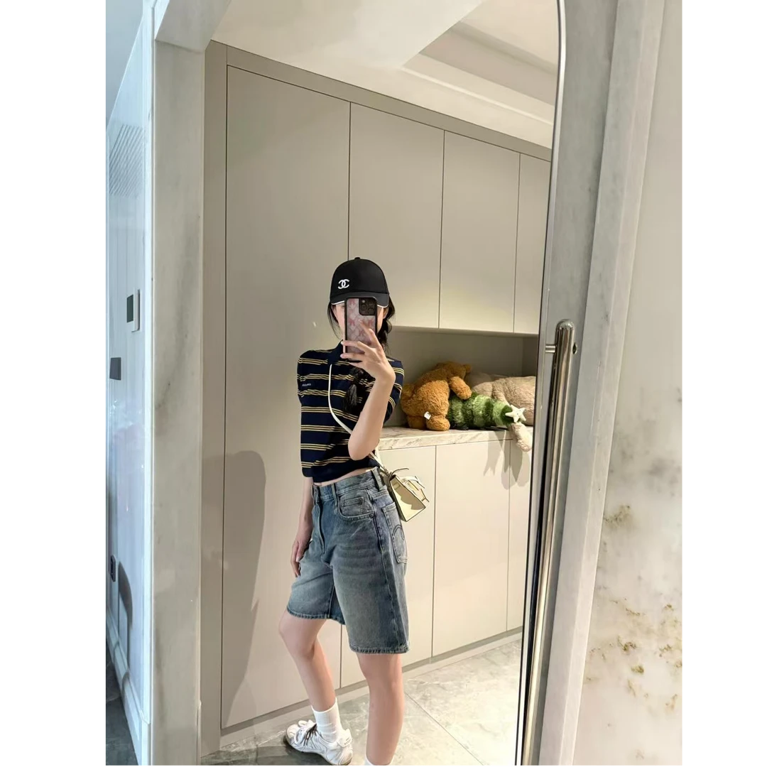 复古短袖针织衫女夏条纹美式翻领高级感修身短款洋气上衣短裤套装